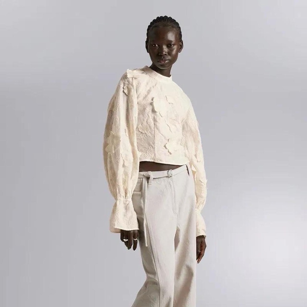 & Other Stories Natural Cropped Floral-appliqué Blouse